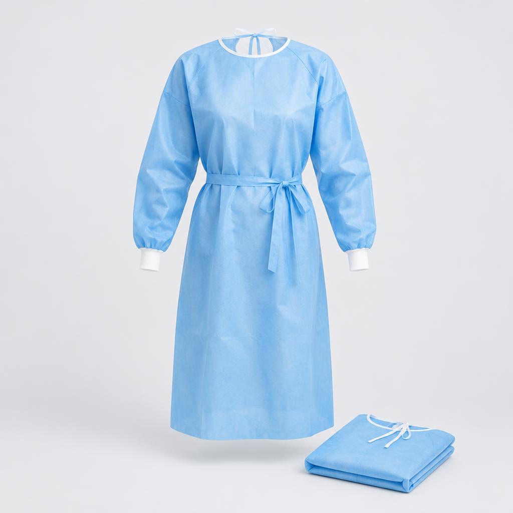 Blue disposable isolation gown with knit cuffs