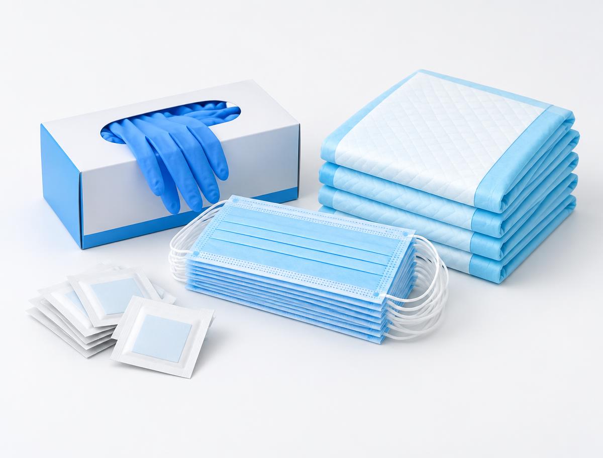Exam room restock supplies including nitrile gloves, procedure masks, alcohol prep pads, and absorbent underpads