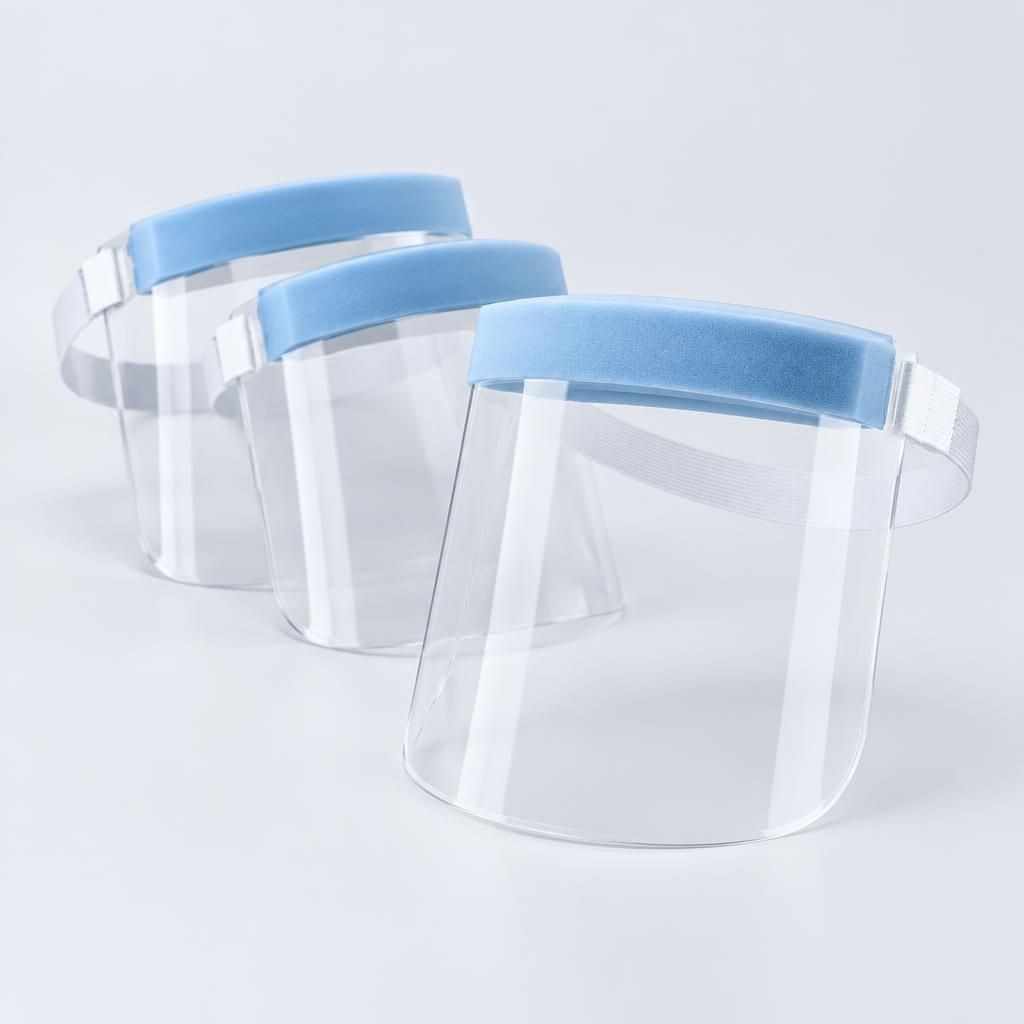 Clear disposable face shields with blue foam bands