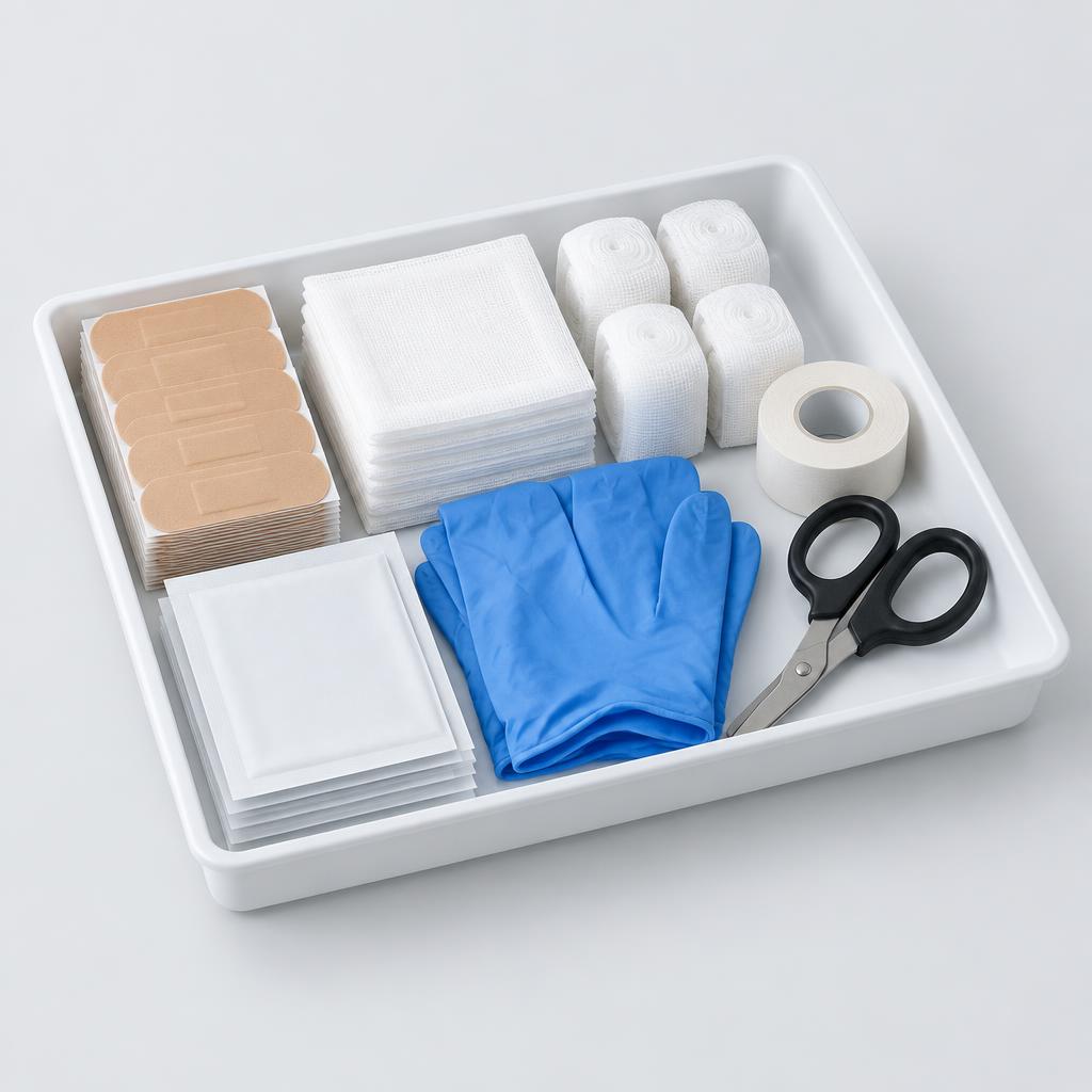 Organized basic first-aid refill supplies in a white tray