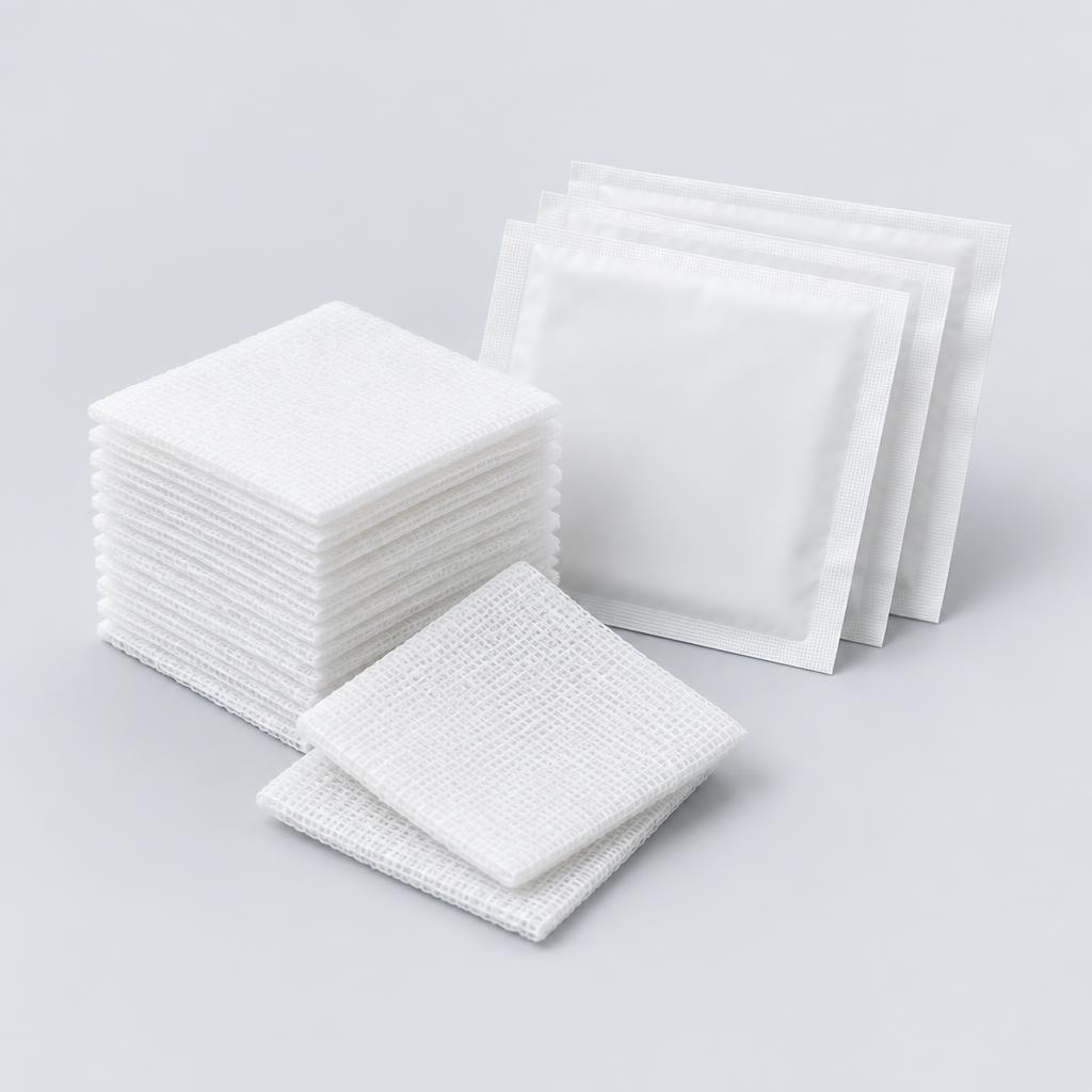 Stacked white medical gauze pads and sealed pouches