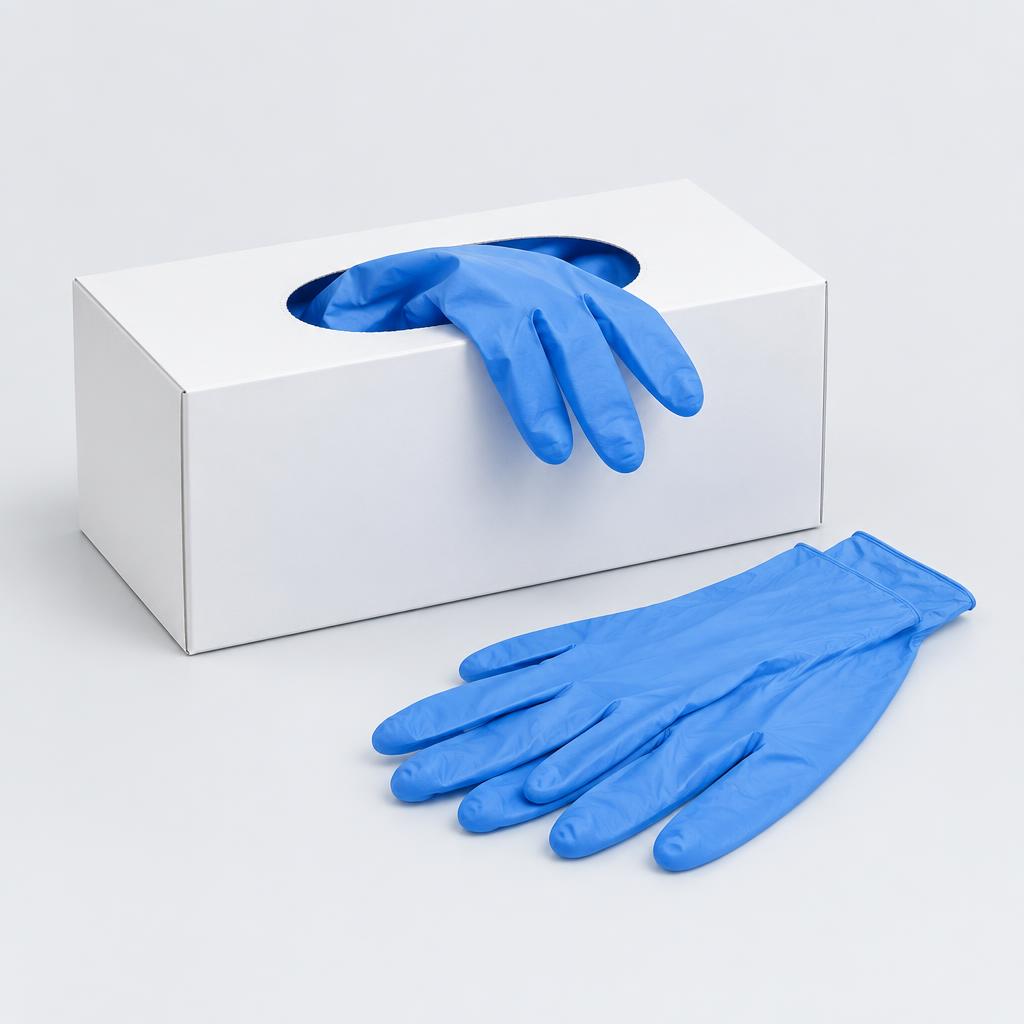Box of blue nitrile exam gloves