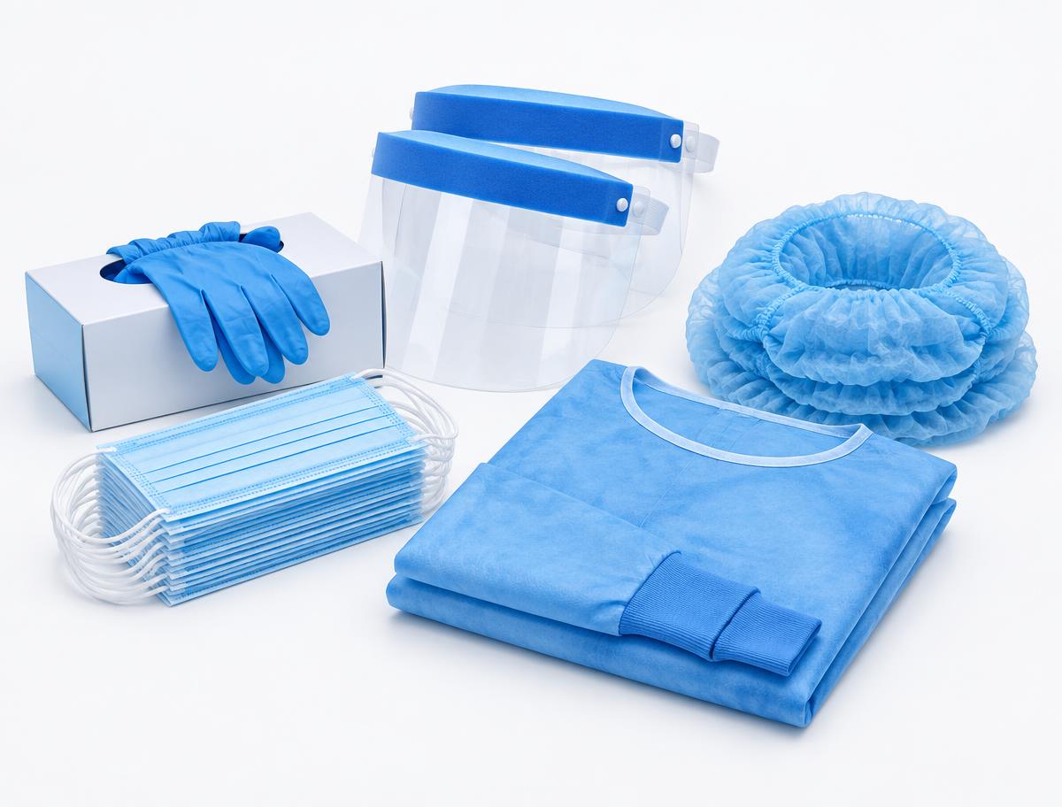 PPE restock supplies including nitrile gloves, procedure masks, face shields, a disposable gown, and bouffant caps