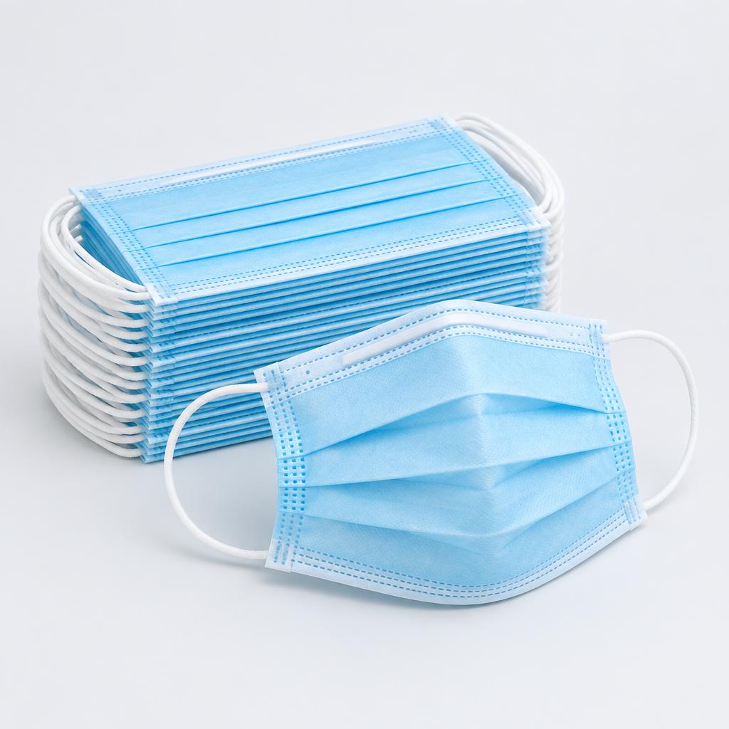 Stack of blue disposable procedure masks