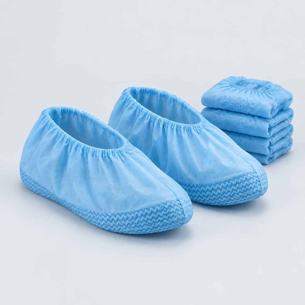 Pair of blue disposable non-skid shoe covers