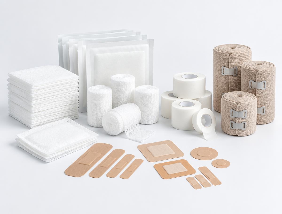 Wound care restock supplies including gauze pads, gauze rolls, medical tape, adhesive bandages, and elastic wraps